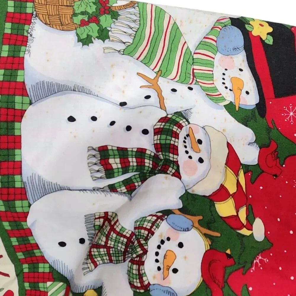 VTG 1990s Cottage Handmade Christmas Tablecloth Let It Snow Snowman Red 88×56
